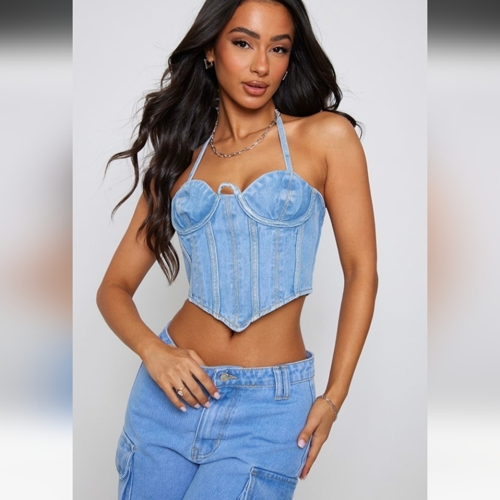 NWT PrettyLittleThing Petite Light Blue Wash Denim Seam Detail Corset